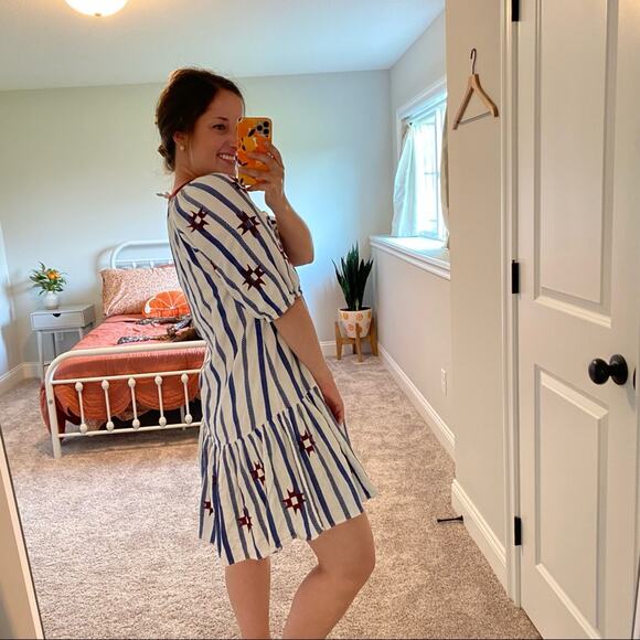 FIGUE Red White Blue Embroidered Puff Sleeve Mini Dress Medium M - Picture 5 of 14